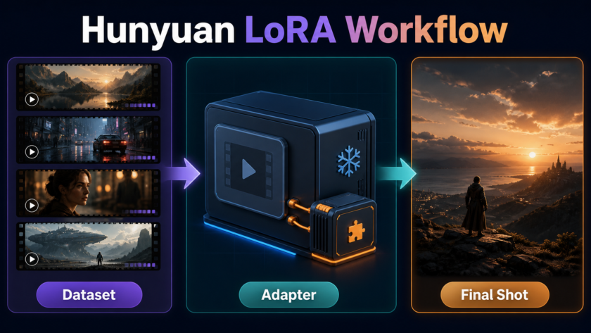 HunyuanVideo LoRA workflow from a curated dataset through a small adapter to a final shot
