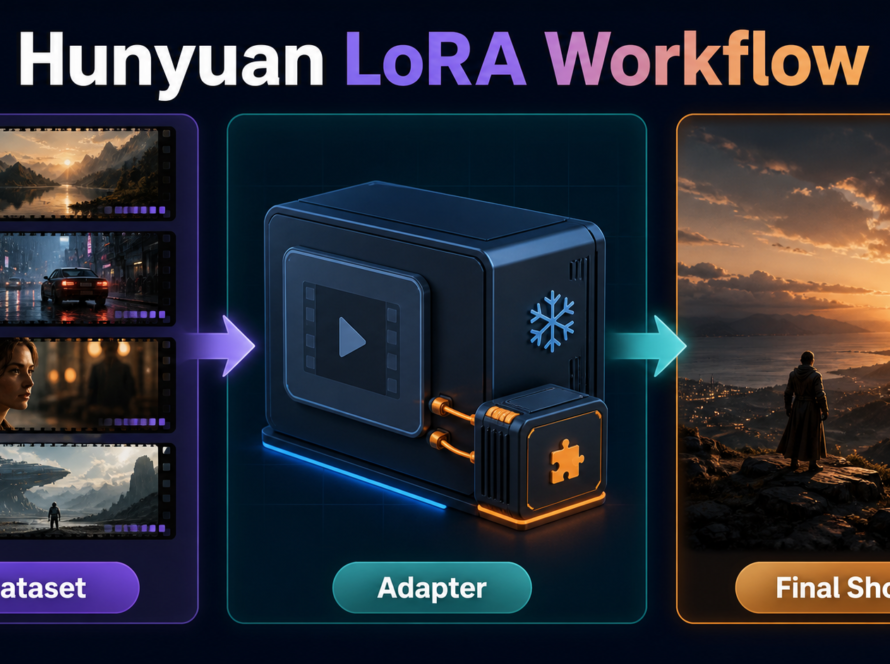 HunyuanVideo LoRA workflow from a curated dataset through a small adapter to a final shot