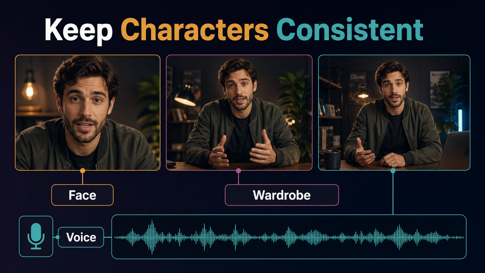 Continuity board showing the same face and wardrobe across shots with voice handled separately