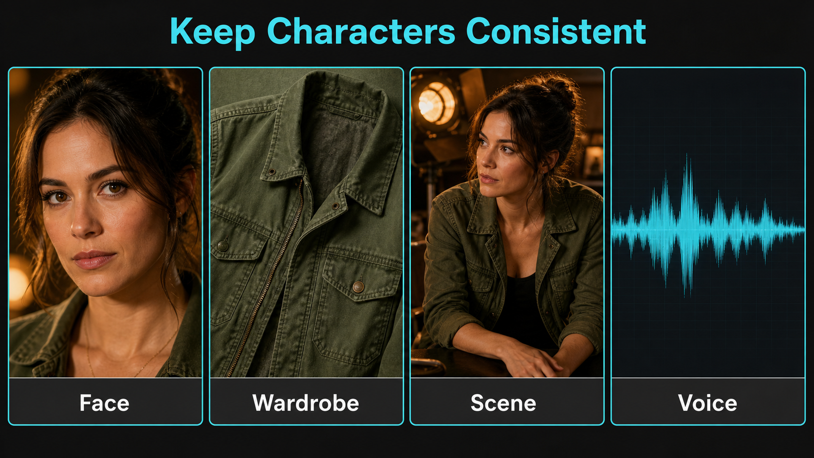 Character continuity board separating face wardrobe scene and voice checks