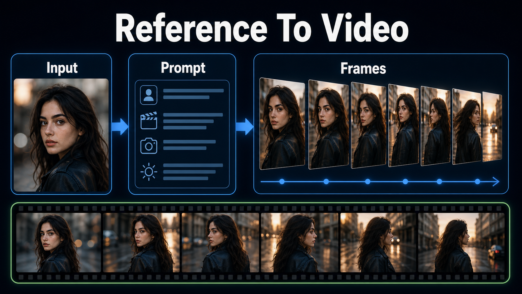 Reference image prompt and generated frame sequence for LTX-2.3