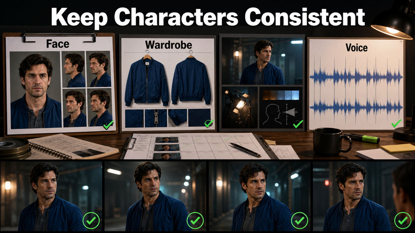 Character face wardrobe scene and voice continuity checks