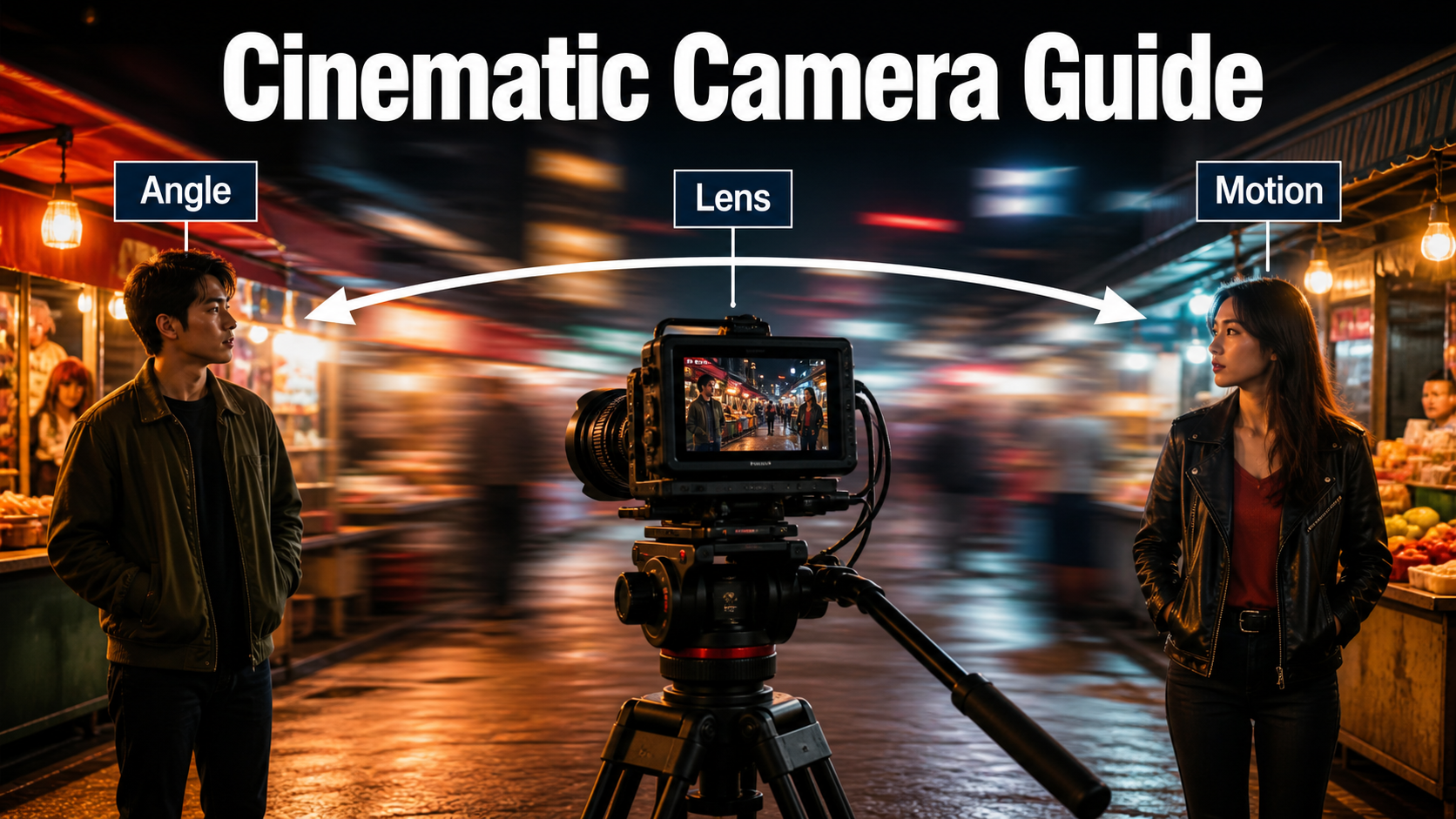 Film camera performing a whip pan between two actors in a night market
