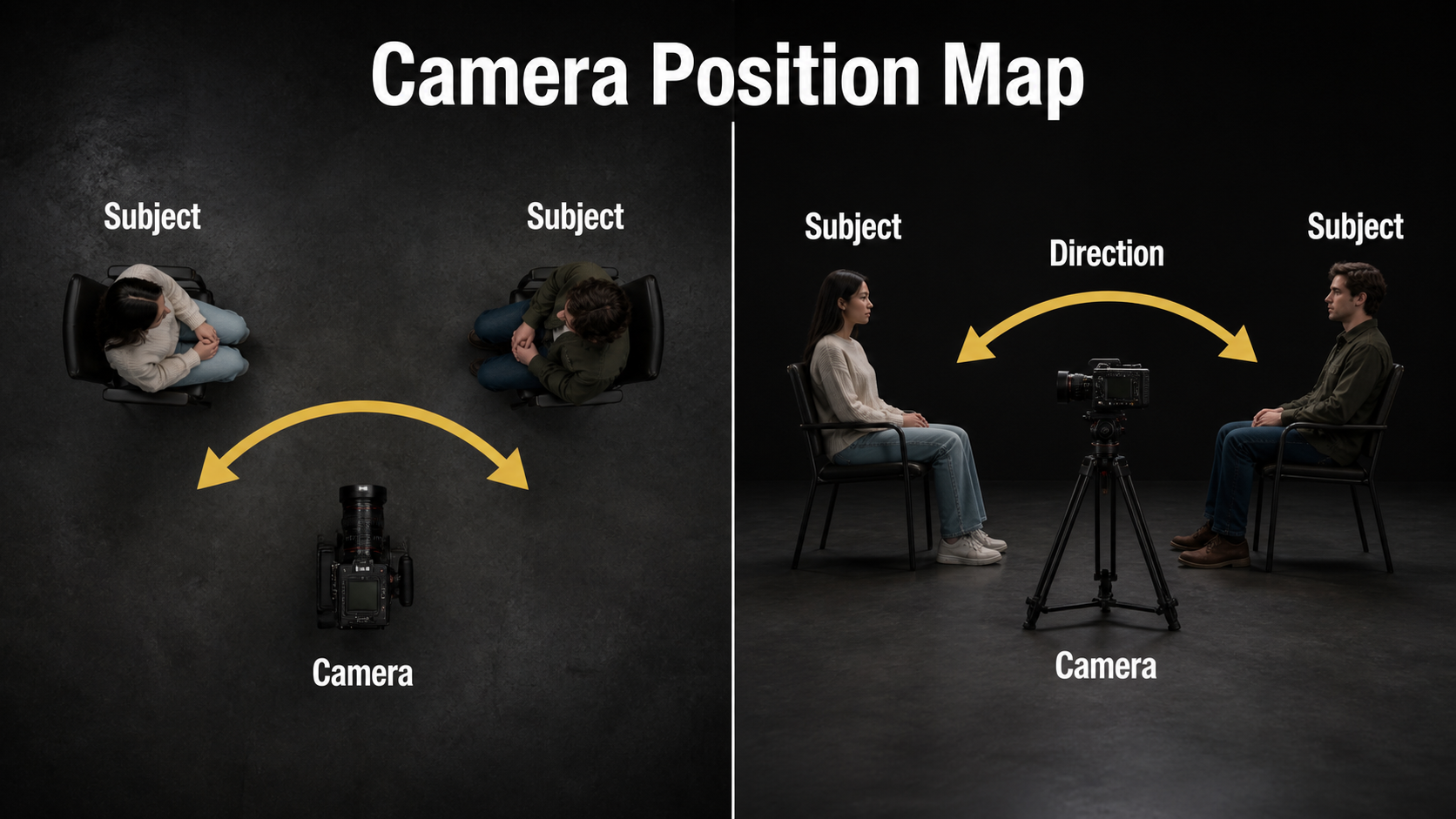 Top-down and side-view camera position map for a whip pan