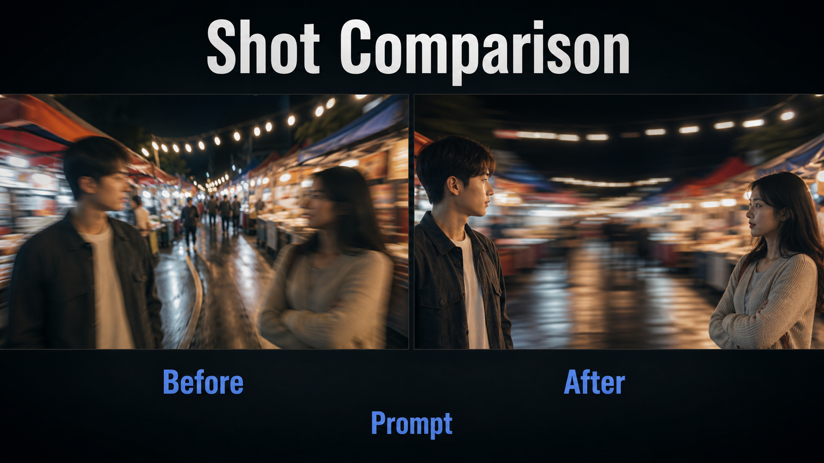 Before and after comparison of a failed and controlled AI video whip pan