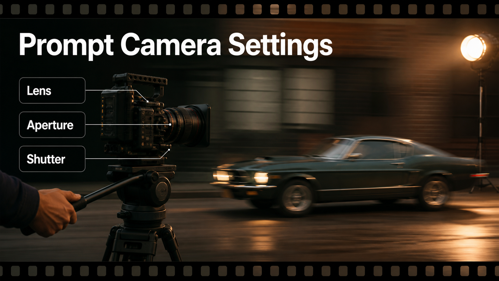 Camera lens aperture and shutter settings for a whip pan