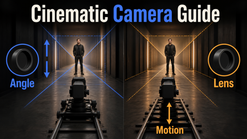 Cinema camera on a track explaining angle lens and motion for optical and dolly zooms