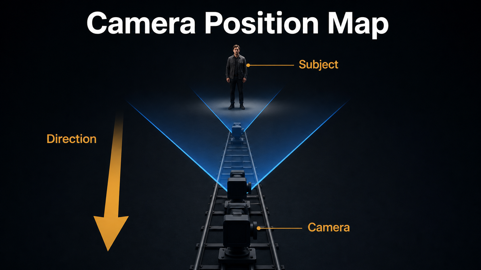 Dolly zoom camera position map with subject camera and travel direction