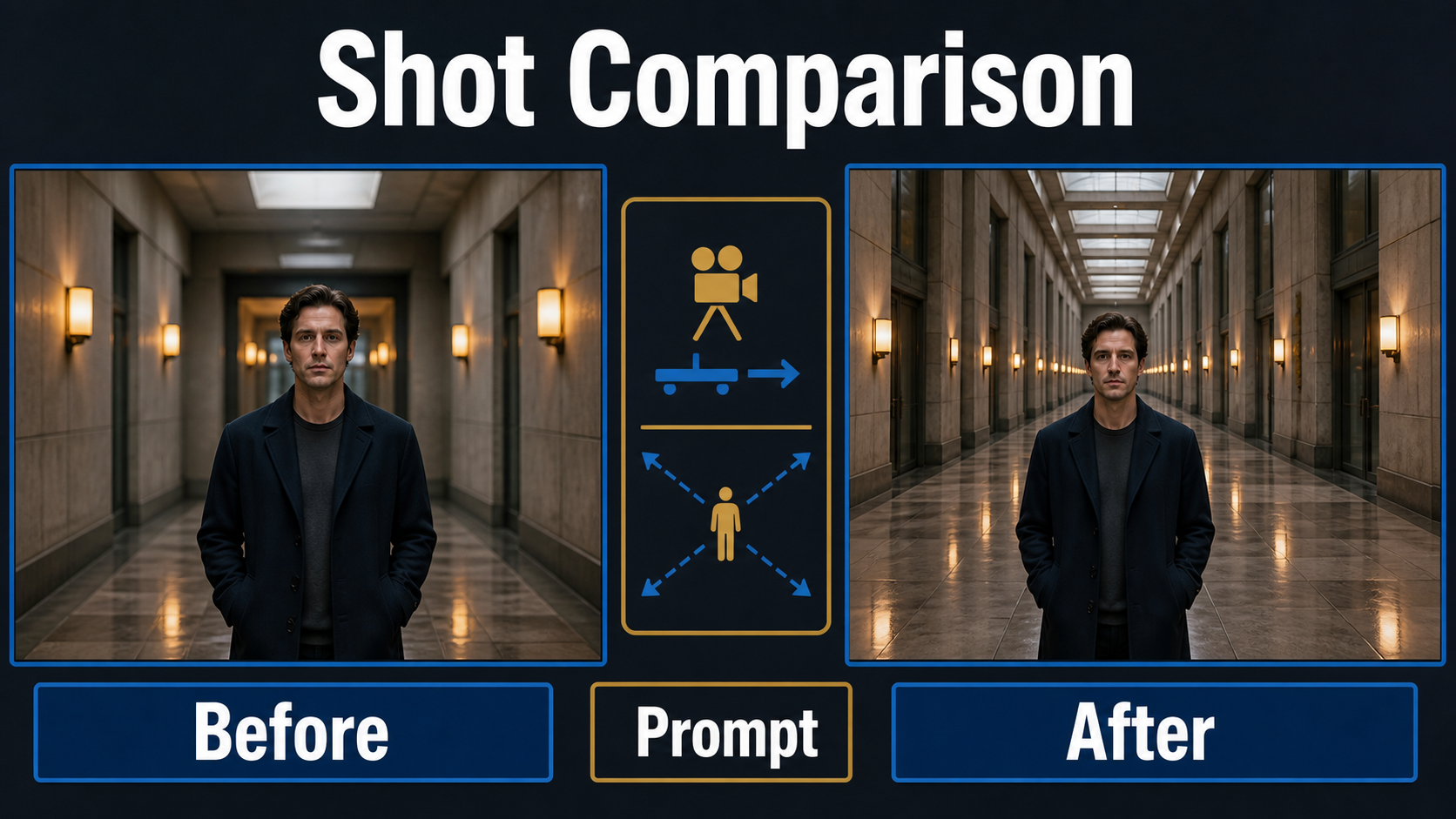 Before and after corridor frames showing the dolly zoom perspective change