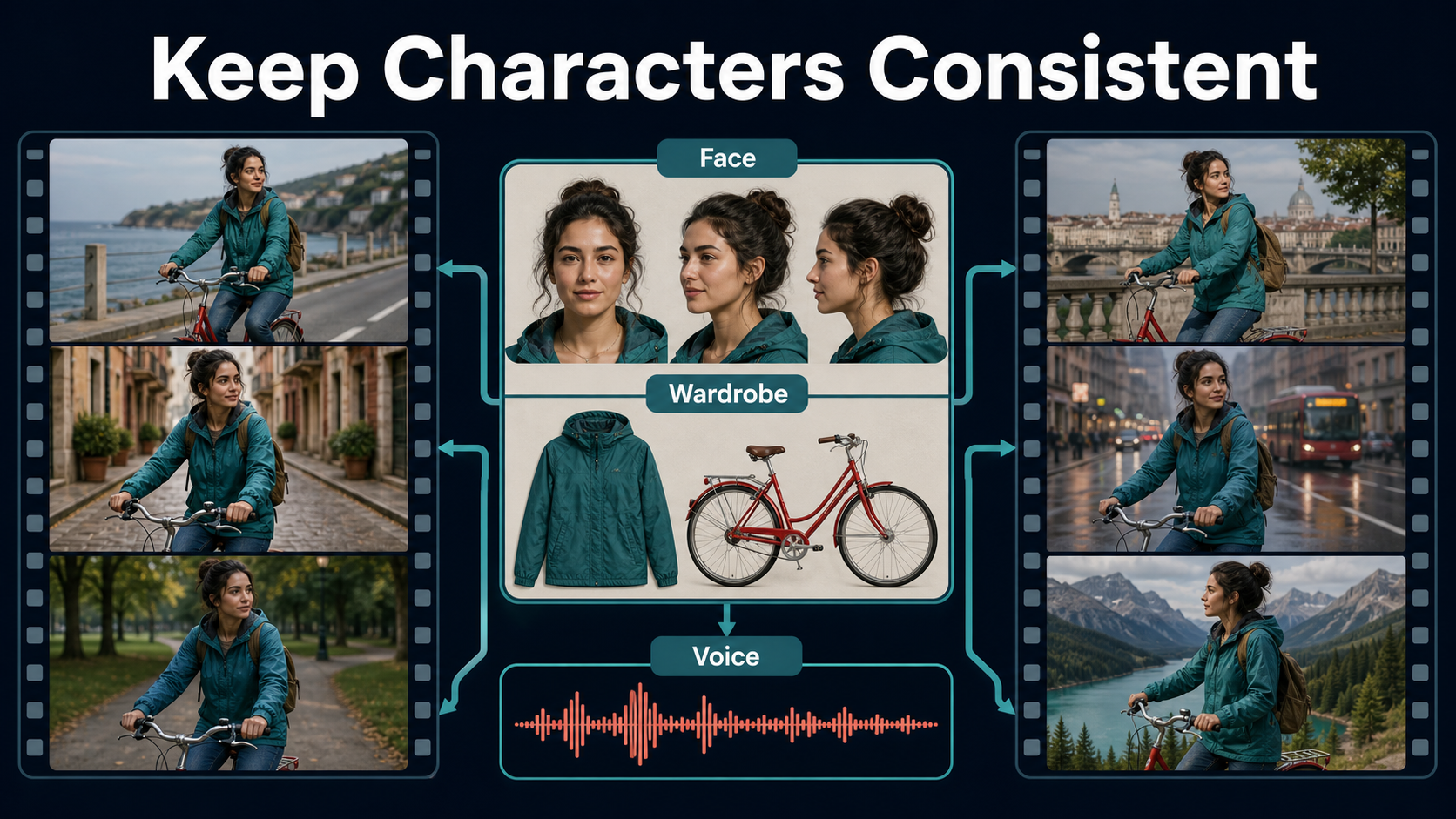 Character continuity pack linking face wardrobe voice and matching shots