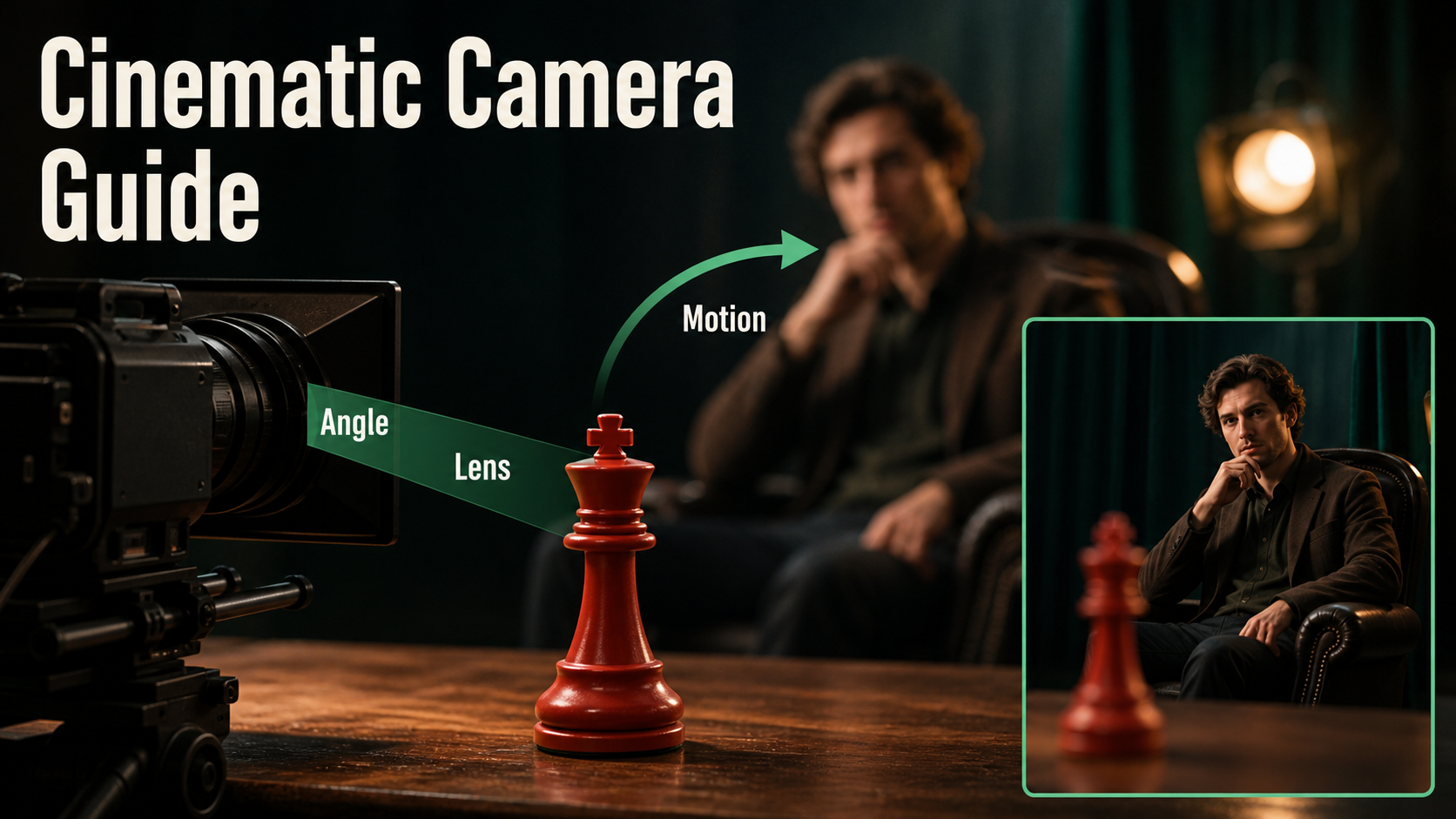 Cinema camera foreground chess piece and background actor demonstrating a rack focus
