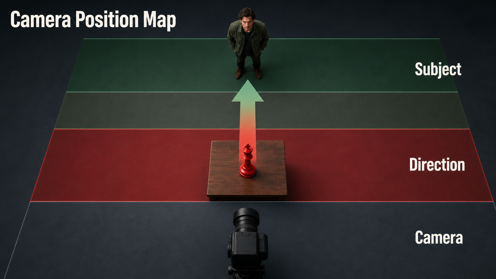 Rack focus camera position map with fixed camera near object far subject and focus direction