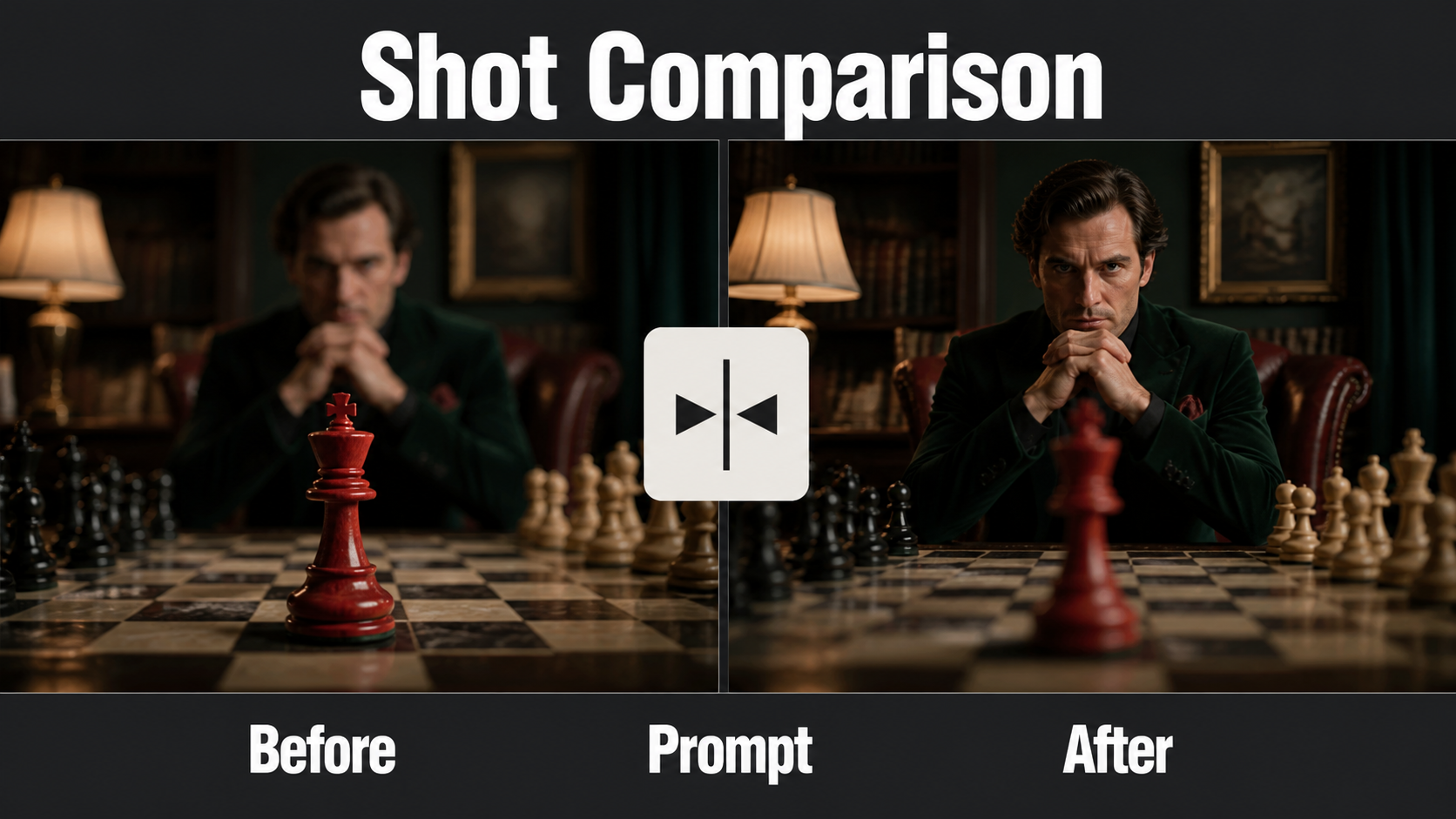 Before and after frames with focus changing from a chess piece to an actor