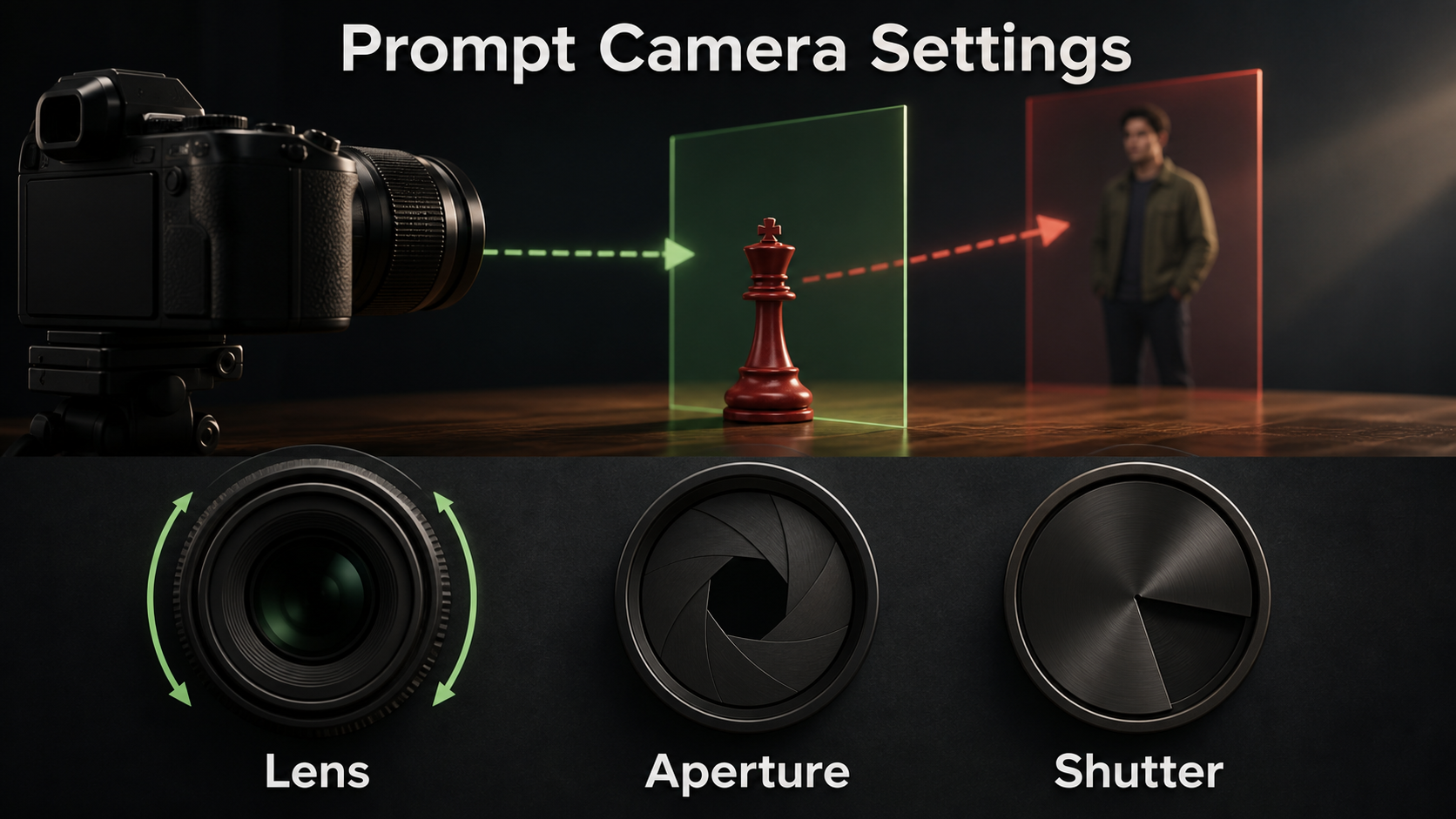 Lens aperture and shutter settings for an AI video rack focus