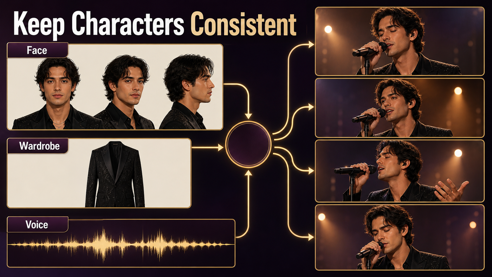 Singer character sheet wardrobe voice waveform and consistent performance frames