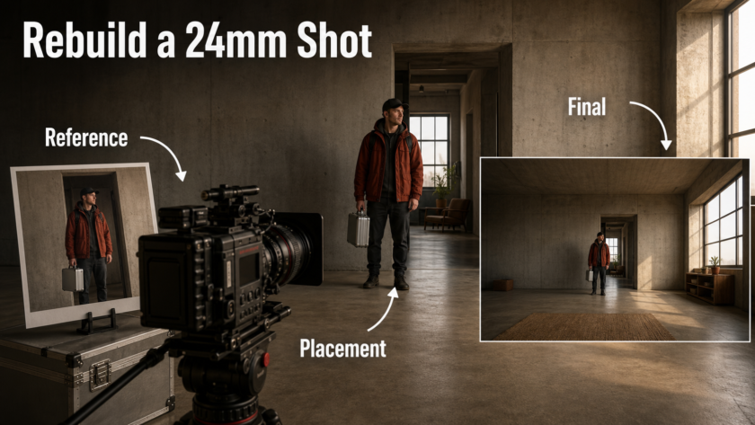 Filmmaker rebuilding a 24mm wide-angle shot from reference image through camera placement to final frame