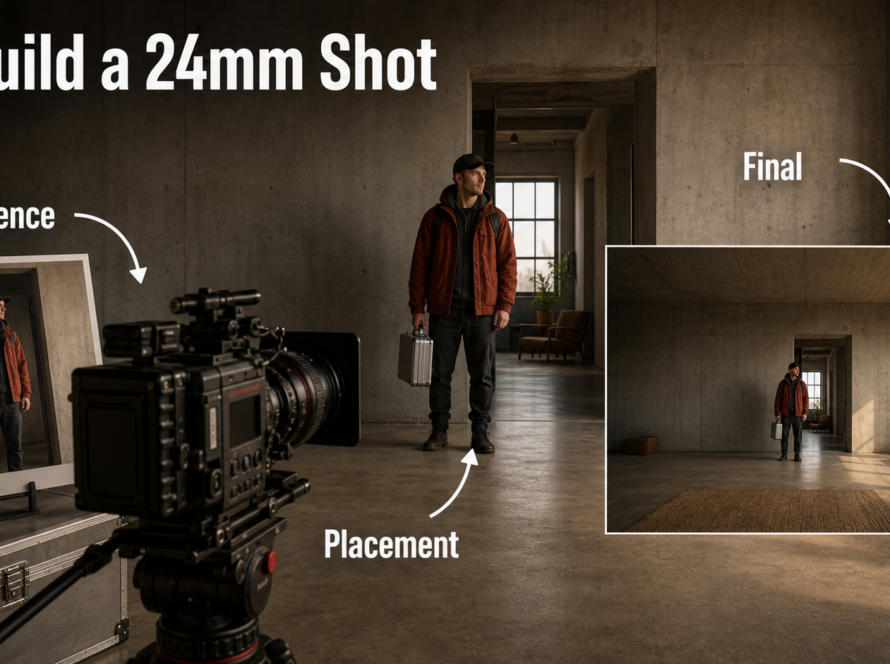 Filmmaker rebuilding a 24mm wide-angle shot from reference image through camera placement to final frame