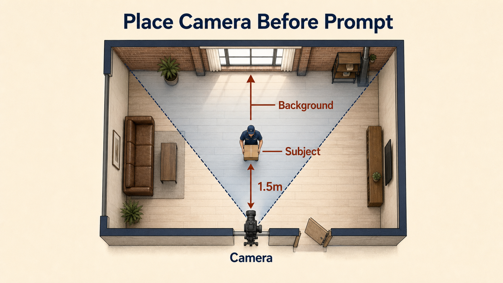 Top-down 24mm camera placement map with camera, 1.5 meter spacing, subject, and background axis