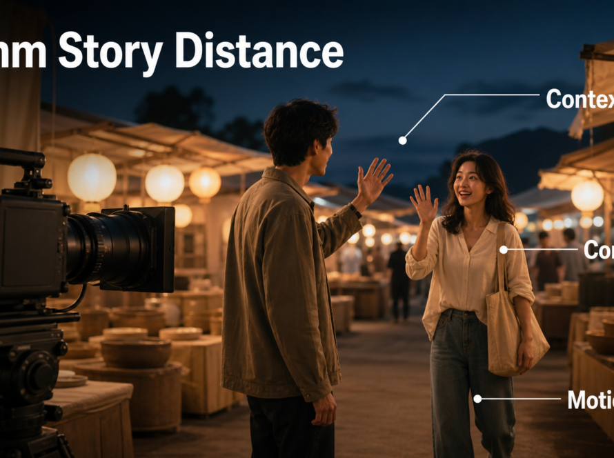 35mm story distance illustrated with two friends meeting in a night market