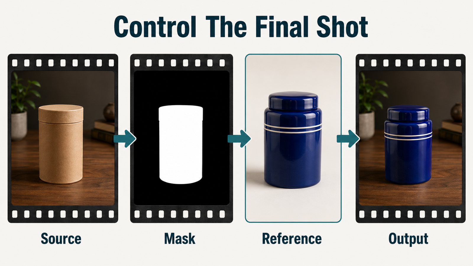 VACE control workflow combining a source clip, mask, reference object, and final video shot