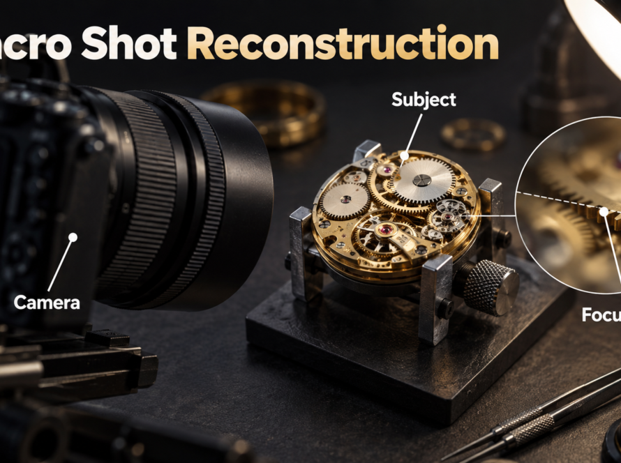 Macro film set photographing a watch mechanism at life-size magnification
