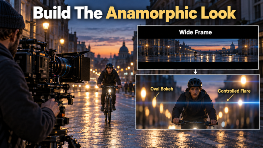 Anamorphic AI video workflow showing a cyclist, wide frame, oval bokeh, and controlled flare